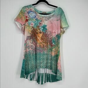 One World Y2K Babydoll Fairy Top Large Graphic Tee Aquarius Ethereal Whimsy